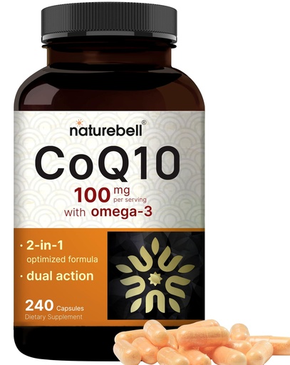 [BRSRAGA6CQCBMDLL] NatureBell CoQ10 100mg with Omega 3, 240 Capsules | Stable High Absorption Form – Antioxidant Support for Heart & Energy Health – Extra Strength Coenzyme Q10 Supplement