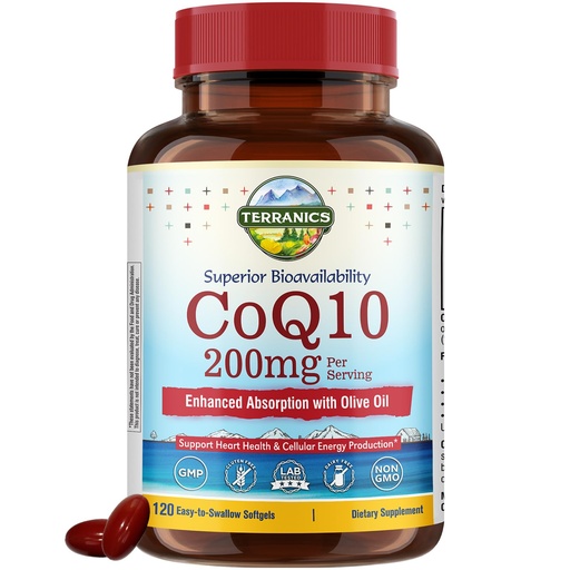 [BRSRAH3RBFYAGYDK] Terranics CoQ10 200mg, Coenzyme Q10 Supplement with Extra Virgin Olive Oil for Enhanced Absorption, Made in USA, Supports Heart Health, Antioxidant Protection, Energy Production, Non-GMO, 120 Softgels