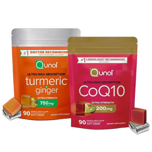 [BRSREEAKCUBAE3AV] Qunol Turmeric & CoQ10: Turmeric and Ginger, 750mg, 90 Soft Chews & CoQ10 200mg, 90 Soft Chews