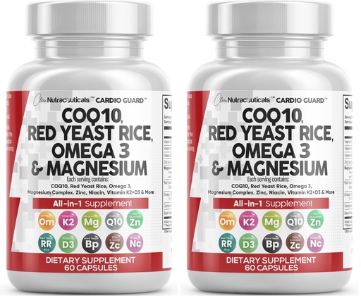 [BRSRGGQZOV6BYDLU] Clean Nutraceuticals COQ10 200mg Red Yeast Rice Flax Seed Magnesium Blend Niacin Zinc Vitamin K2 D3 - Heart Support Vitamins for Women & Men w/Vitamin B3, Coenzyme Q10-60 Ct (Pack of 2)