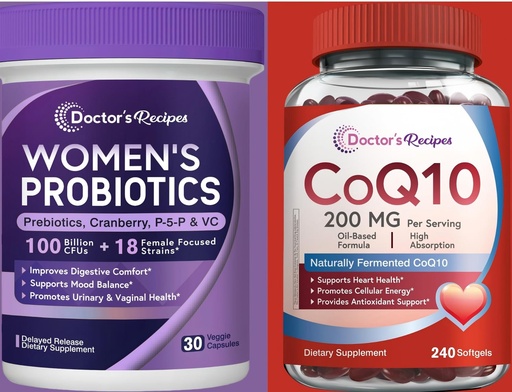 [BRSREBAFCN4BO23Z] Doctor's Recipes CoQ10 200mg 240 Softgels & Women's Probiotics 100B 30 Vegan Capsules, Heart & Vascular Health, Vaginal & Urinary Tract, Digestive Health