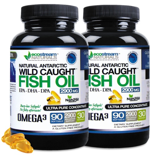 [BRSWYY33AAPGECL4] (Pack of 2) Natural Antarctic Wild Caught Omega 3 Fish Oil DPA-EPA-DHA Supplement 2,900 Milligrams Triple Strength Ultra Pure Concentrated SoftGels - No Fish Tasting Burps