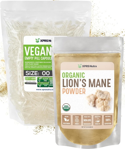 [BRSRM2QPOF6QG3LU] XPRS Nutra Organic Lion's Mane 8 Unze mit Größe 00 Leere Kapseln DIY Ergänzung Füllung