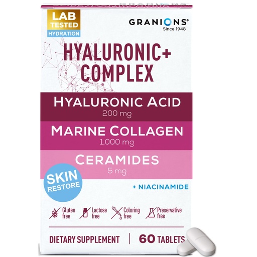 [BRSROBABBMBQMF3V] Hyaluronic Acid Supplements 200mg - Marine Collagen Peptides, Vitamin B3 Niacinamide, Ceramides Supplement - Deep Hydration & Anti-Aging Skin Care Complex for Women and Men - 60 Foil Sealed Tablets