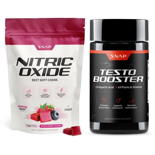 [BRSRGADYAEFBSC3J] Snap Supplements Nitric Oxide Beet Root Soft Chews + Testo Booster Bundle, 60 Sugar-Free Soft Chews + 90 Vegetarian Capsules