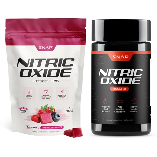 [BRSRAGANBV6GCH3U] Snap Supplements Nitric Oxide Beet Root Soft Chews + Nitric Oxide Booster Bundle, 60 Sugar-Free Soft Chews + 90 Vegetarian Capsules