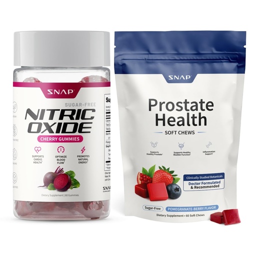 [BRSRGAAKDJ7QGD3K] Snap Supplements Nitric Oxide Beet Root Gummies + Prostate Health Soft Chews, 60 Cherry Gummies + 60 Sugar-Free Pomegranate Berry Soft Chews