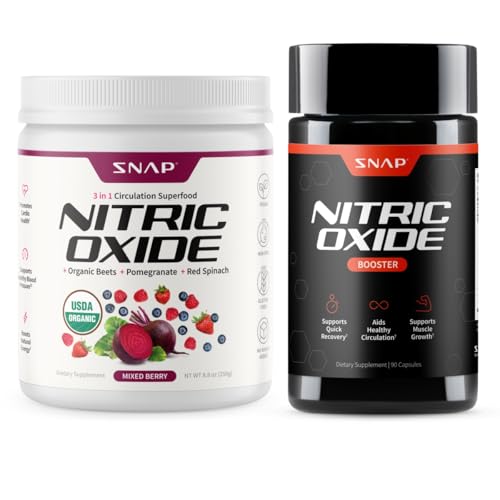 [BRSROEI2CB5GA2D6] Snap Supplements Organic Beet Root Nitric Oxide Powder + Nitric Oxide Booster Bundle, 30 Servings Mixed Berry Powder + 90 Vegetarian Capsules
