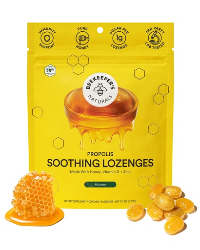 [BRSWYBA3BMHAG2DU] Soothing Honey Cough Drops - Immune Support with Vitamin D, Zinc and Propolis - by Beekeeper's Naturals - Throat Soothing Lozenges, 14 Ct