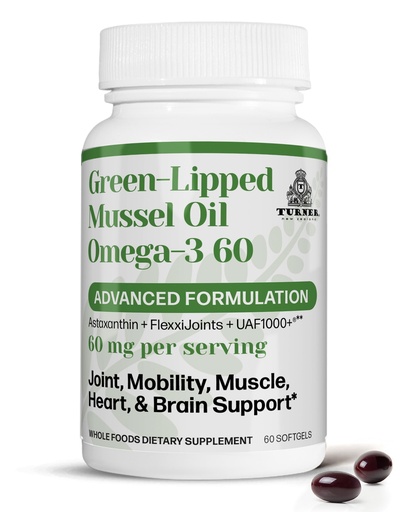 [BRSWY2QHBYFQGCIY] TURNER Omega-3 New Zealand Green Lipped Mussel Oil, 53x Higher Potency with UAF1000+ Super Antioxidant for Superior Joint Comfort & Mobility, No Fishy Aftertaste, 1 Bottle, 60 Softgels