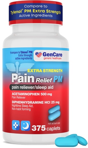[BRSWGCQLOACR623U] GenCare Extra Strength Acetaminophen PM 500 mg (375 Tablets) | Ultimate Pain Relief & Sleep Support for Adults | Quick Acting & Non Habit Forming Headache Relief | Eases Aches & Joint Discomfort