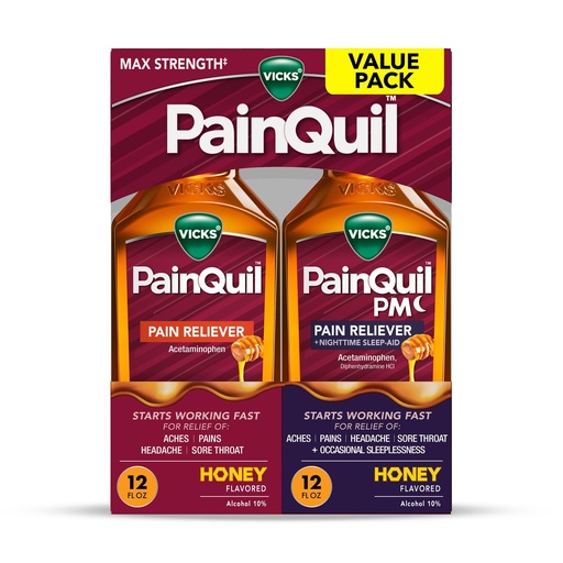 [BRSRGAANOIDW23TB] Vicks PainQuil Pain Relief Acetaminophen 1000mg Max Strength Honey Flavored Adult Pain Reliever Liquid 2x12oz, Backache Headache Relief, 1 Daytime Pain Reliever x 1 Nighttime Pain Relief + Sleep Aid