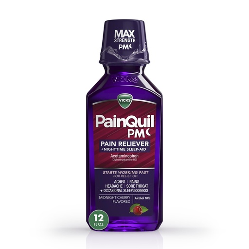[BRSREGIBCMCRY23U] Vicks PainQuil Pain Relief Acetaminophen 1000mg Max Strength Adult Pain Reliever Liquid 12oz, Backache Headache Relief, 1 Nighttime Pain Reliever + Sleep Aid