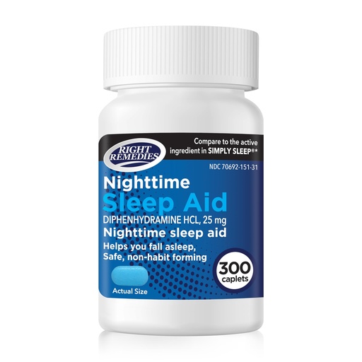 [BRSREFQQPMHBODQ2] RIGHT REMEDIES Nighttime Sleep Aid Caplets, Diphenhydramine HCl 25 mg, Safe & Non-Habit Forming, Compare to the Active Indgredient in Simply Sleep®, (300 ct)