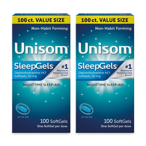 [BRSREEITPJ5BEDL4] Unisom Nighttime Sleep-Aid Gels, Diphenhydramine HCI 50mg, 100 Count, 2 pk
