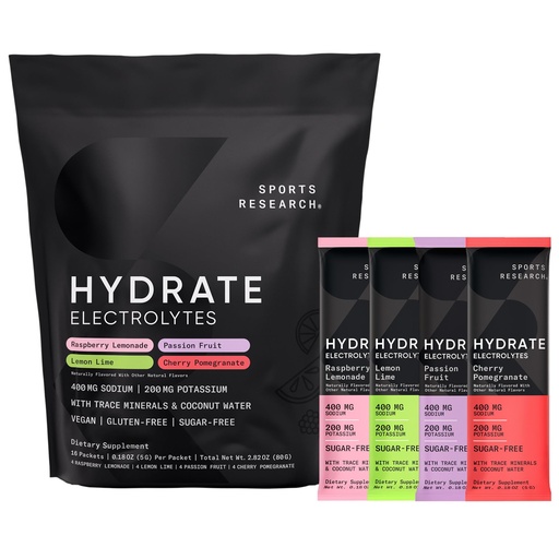 [BRSROBQFCB7WAC34] Sports Research® Hydrate Electrolytes Powder Packets - Sugar-Free & Naturally Flavored with Vitamins, Minerals, and Coconut Water - Supports Hydration - 16 Packets - Variety Pack | Sugar-Free, Naturally Flavored, with Vitamins, Minerals, and Coconut Water, Supports Hydration