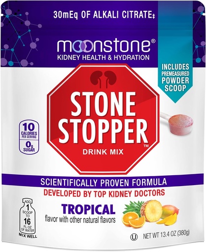 [BRSW2ZAQCEPRA3TB] Stone Stopper Drink Mix, Tropical, Kidney Stone Prevention, Calcium Oxalate Protector, Alkali Citrate Support, Developed by Urologists to Improve Hydration and Support Kidney Health, 30 Day Supply