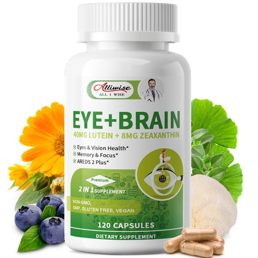 [BRSREZICPMIQ23DX] Eye + Brain Supplements for Memory and Focus, Lutein 40mg, Zeaxanthin, Astaxanthin, Bilberry, Lion’s Mane, Bacopa Monnieri, Ginkgo Biloba, 14 in 1 Eye Vitamins for Adults & Seniors 120 Capsules