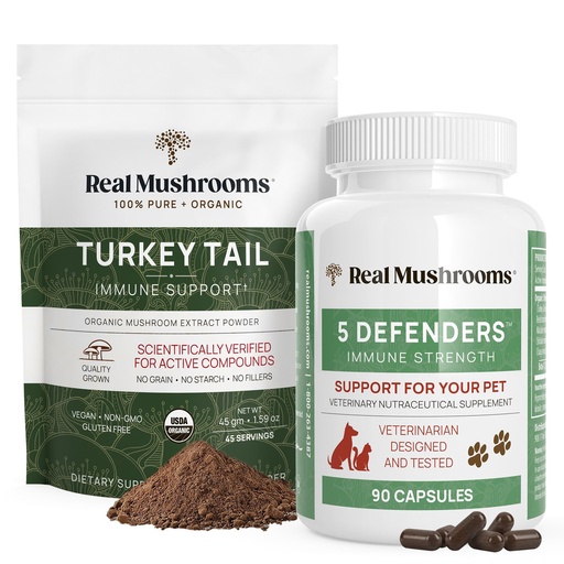 [BRSRMYI2CENA2E3H] Real Mushrooms Turkey Tail Powder for Humans (45 Servings) & Turkey Tail for Pets (90ct) - Powder & Capsules Bundle for Immune Support - Vegan, Non-GMO, Grain-Free, Gluten-Free