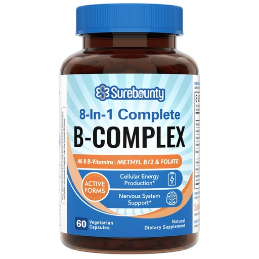 [BRSROYIKOQBWGA3F] 8-in-1 Vitamin B Complex Capsules for Women & Men, Super B Complex Vitamins, B12, B1, B2, B3, B5, B6, B9, Biotin, Folate, Methylated Forms, Energy, Nerve, Blood Support, 60 Caps
