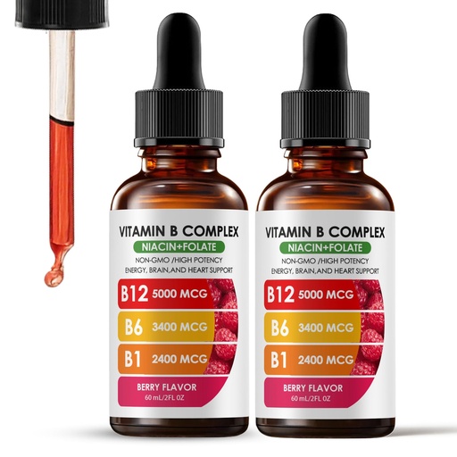 [BRSREGDRCB6QYCA4] Vitamin B12 Complex with B1, B6, Vitamin B12 Raspberry Liquid Supplement, Essential Vitamin 5-in-1 Vitamin B Complex Liquid Drops, Brain Function, Focus, and Natural Energy Support (2PCS)