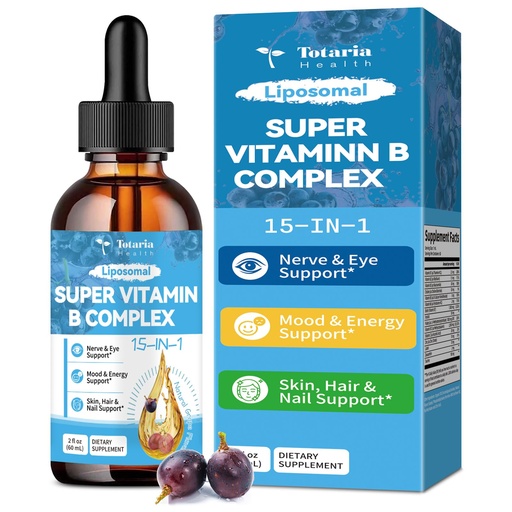 [BRSREBAFCB7QMALF] 15-in-1 Liposomal Vitamin B Complex Pro, Sugar-free B Complex Drops with B1, B2, B3 Niacinamide, Choline, B5, B6, B7 Biotin, Inositol, Folate, B12, Zinc, Lutein, Zeaxanthin, Taurine & Vit. C, 2 fl oz