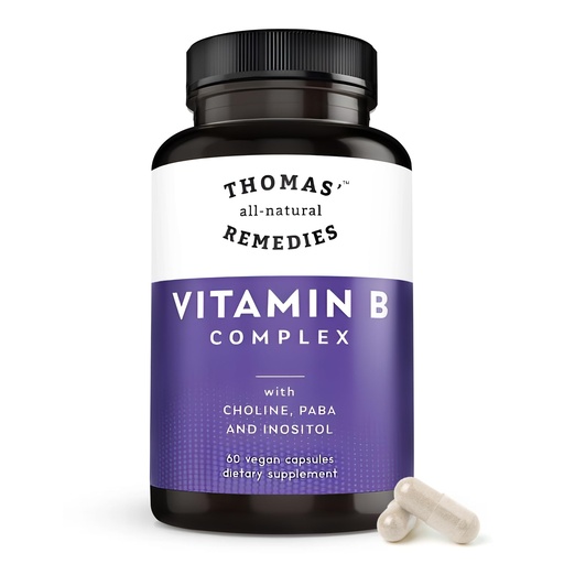 [BRSREZINCUJWY3A7] Thomas' all-natural Remedies Vitamin B Complex with Choline, PABA & Inositol, Supports Energy Metabolism, Clarity & Nerve Support, Hair Skin Nails Vitamins, Made in USA, 60 Vegan Capsules