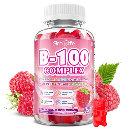 [BRSRE2Q7OJ4BYCD2] Vitamin B Complex Gummies, All B Vitamins + Methyl B12, B1, B2, B3, B5, B6, Biotin, Methylfolate, Vitamin C, Choline, Inositol, PABA for Energy & Immune Support, Raspberry Flavor, 60 Count