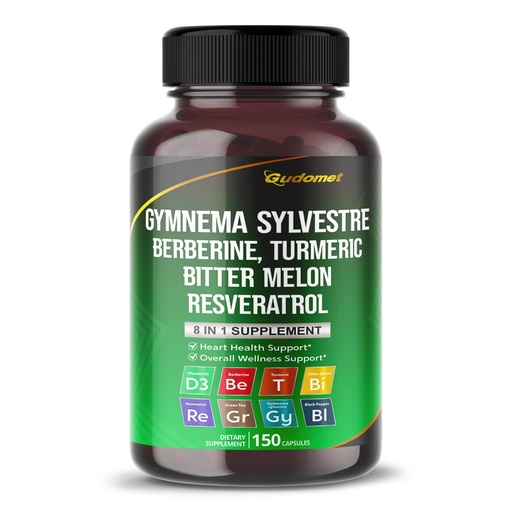 [BRSRAZA7AEBWODT6] 8-in-1 Herbal Supplement with Gymnema Sylvestre, Berberine, Turmeric, Bitter Melon & Resveratrol – Daily Herbal Support for Heart & Overall Wellness – 150 Capsules