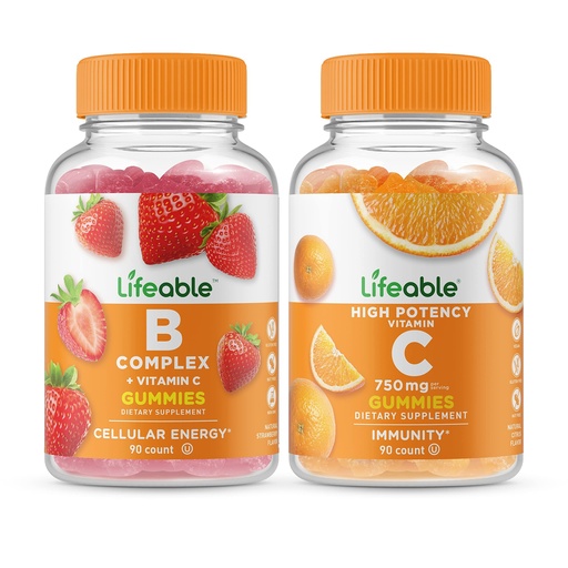 [BRSW2HQRAAIAEG3H] Lifeable B Complex + Vitamin C 750mg, Gummies Bundle - Great Tasting, Vitamin Supplement, Gluten Free, GMO Free, Chewable