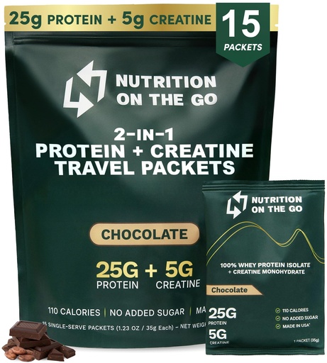 [BRSRAGAROIOQKDTG] Nutrition On The Go Whey Protein Isolate Packets with Creatine - 25g Protein + 5g Creatine - Single-Serve Travel Protein Powder - 5.9g BCAAs, Keto & Low-Carb, Gluten-Free - Chocolate (15-Pack)