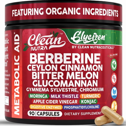 [BRSREEACCUCQ2HQ4] Clean Nutra Berberine and Ceylon Cinnamon Supplement Bitter Melon Glucomannan Gymnema Sylvestre Chromium Moringa Milk Thistle Turmeric Apple Cider Vinegar Digestive Enzymes Inositol Pills 90 Capsules