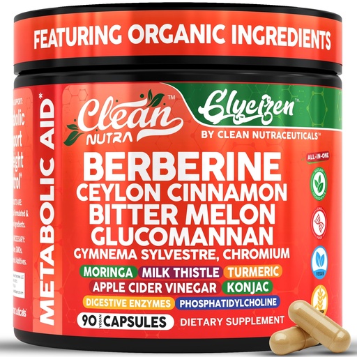 [BRSREEACCUCQ2HQ4] Clean Nutra Berberine and Ceylon Cinnamon Supplement Bitter Melon Glucomannan Gymnema Sylvestre Chromium Moringa Milk Thistle Turmeric Apple Cider Vinegar Digestive Enzymes Inositol Pills 90 Capsules