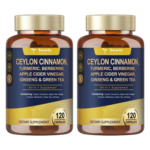 [BRSRAAQECQMRA2D3] (2 Packs) 18-in-1 Organic Ceylon Cinnamon Capsules 20:1 Extract, Powerful Ceylon Cinnamon Berberine Supplement w/Apple Cider Vinegar Turmeric Bitter Melon, for Metabolism, Heart, Energy, Non-GMO