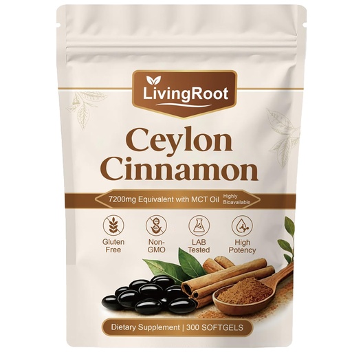 [BRSRGALYBB7WOF3Z] Living Root Ceylon Cinnamon Softgels, Livingroot Organic Ceylon Cinnamon Supplement Made with True Ceylon Cinnamon, 300 Softgels