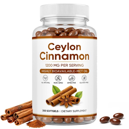 [BRSRGAAOCMIGKDYZ] Ceylon Cinnamon 1200mg Extract Supplement with MCT Oil, Energy Heart & Metabolism Support for Men & Women, Vegan, Gluten-Free, 300 Softgels