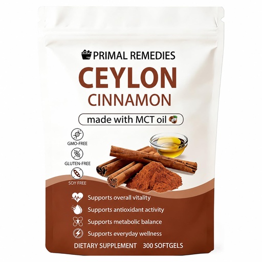 [BRSRGBAFBUPWAG3U] Primal Remedies Ceylon Cinnamon Made with Mct Oil – 300 Softgels – GMO-Free, Gluten-Free, Soy-Free，Premium Ceylon Cinnamon Formula