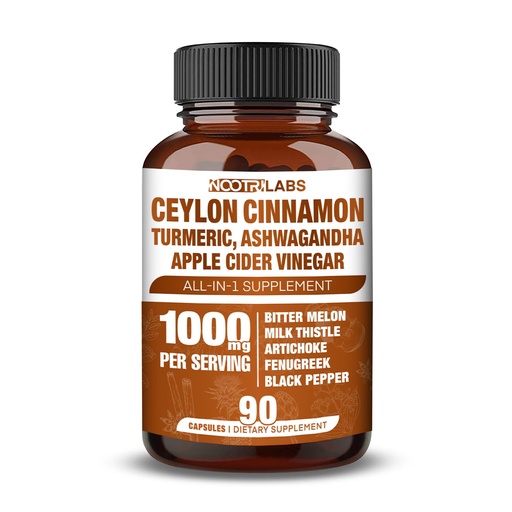 [BRSROGABCIBA4FI4] All-in-1 1000mg Highest Potency Ceylon Cinnamon, Turmeric, Apple Cider Vinegar, Ashwagandha, Bitter Melon with Milk Thistle, Artichoke & Fenugreek - Gluco Health Support - 90 Vegan Capsules