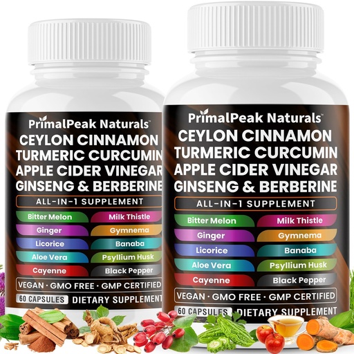 [BRSREEABBUBB6ET5] Ceylon Cinnamon Apple Cider Vinegar Turmeric Curcumin Panax Ginseng Berberine with Bitter Melon Banaba Milk Thistle Gymnema Sylvestre Vegan Capsules - 120 Count