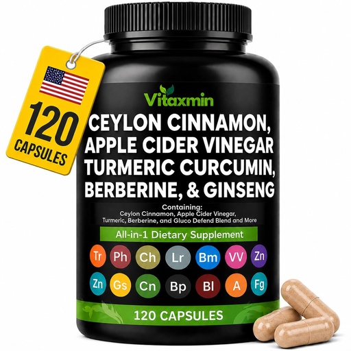 [BRSRGZYYPIFQ4CDO] Ceylon Cinnamon Capsules with Berberine, Apple Cider Vinegar, Turmeric Curcumin, Chromium, Gymnema Sylvestre, Ginseng - Daily Wellness Supplement 120 Caps Made in USA