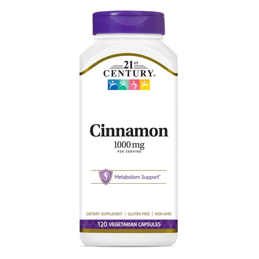 [BRSWIZQCC4IB2H3M] 21st Century 1000 mg Cinnamon Vegetarian Capsules (120 Count), Cinnamon Supplements Supports Sugar Metabolism, Gluten-Free, Non-GMO, No Added Preservatives or Artificial Flavors