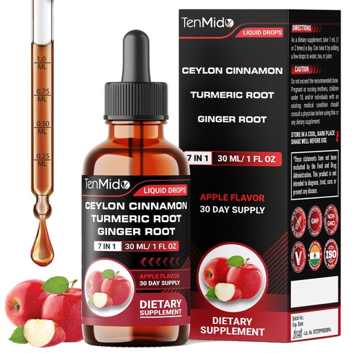 [BRSREGA2OAARGDTA] Ceylon Cinnamon Extract Liquid Drops - 7in1 with Turmeric, Berberine HCl, Ginger, Apple Cider Vinegar, Dandelion, and Black Pepper - Vegan, Non-GMO - 30ml 1 Fl Oz