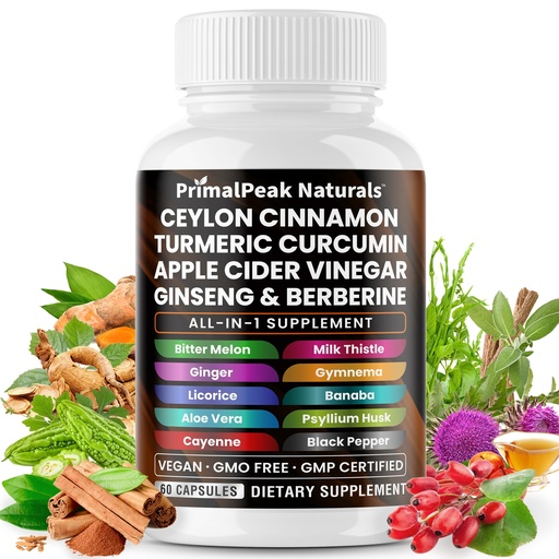 [BRSRE2YLOQBQOCDO] Ceylon Cinnamon Apple Cider Vinegar Turmeric Curcumin Panax Ginseng Berberine with Bitter Melon Banaba Milk Thistle Gymnema Sylvestre 60 Vegan Capsules