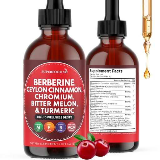 [BRSREEA3PMPBUHY2] Berberine with Ceylon Cinnamon Supplement Liquid Drops + Bitter Melon Extract, Glucomannan, Gymnema, Chromium, Turmeric, Organic Panax Ginseng, Moringa 2oz