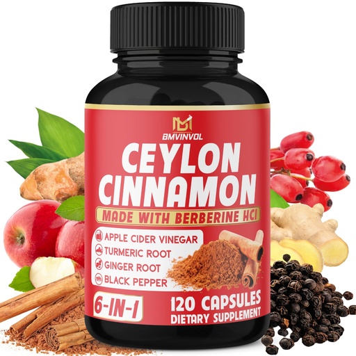 [BRSW2BIBDMAQKDQY] Ceylon Cinnamon Capsules - 120 Capsules - High Potency with Apple Cider Vinegar, Turmeric, Ginseng, Berberine - 2 Month Supply