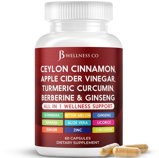 [BRSRACAODF7QED3D] Ceylon Cinnamon, Turmeric, ACV, Ginseng, Aloe Vera, Berberine Plus Banaba, Ginger Root - 60 Capsules