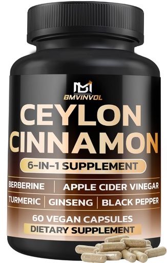 [BRSROAD7PMNGKA3A] Ceylon Cinnamon Capsules with Berberine HCl Supplement - Panax Ginseng, Apple Cider Vinegar, Turmeric Curcumin - Support Immunity & Energy Production - 60 Capsules - 2 Month Supply