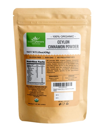 [BRSWGYACOV4A23D5] Organic Ceylon Cinnamon Powder, 15 oz, True Cinnamon, Premium Grade, Harvested & Packed from a USDA Certified Organic Farm in Sri Lanka