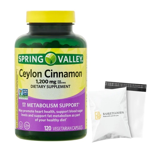 [BRSREEITAEIGMFDF] Spring Valley Ceylon Cinnamon Capsules 1200 mg Capsules, Support Metabolism * 120 Count | Non-GMO & Gluten Free Pills (Pack of 1) - Set by Basket Goods