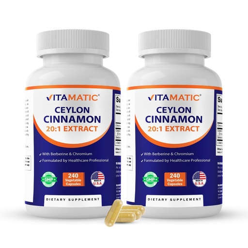 [BRSREFA5BV6Q2FD4] Vitamatic Ceylon Cinnamon 500 mg & Berberine HCl 50 mg with Chromium 400 mcg (Serving Size 2 Capsules) – Vegetable Capsules – Non-GMO, Gluten-Free – 240 Capsules - 2 Pack